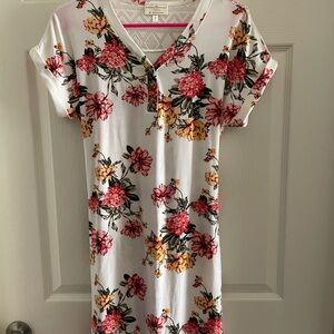 Bobbie Brooks White Dress with Pink and Yellow Floral Design